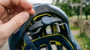 A close-up view looking inside the rear of a cycling helmet, highlighting the Ergo-Loc retention adjustment dial and the internal yellow MIPS safety cradle.