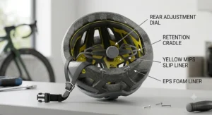 An interior view diagram of a bike helmet highlighting the rear adjustment dial, retention cradle, and yellow MIPS slip liner against the EPS foam liner.