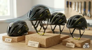 A photorealistic close-up of a cyclist's gloved hand (black/yellow glove) adjusting the precise rear retention dial on the specific MIPS road cycling helmet, highlighting the indexed fit system and the visible internal yellow MIPS layer.