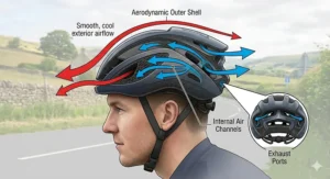 Technical profile diagram of an aero cycling helmet showing smooth, cool exterior airflow currents alongside internal air channels and exhaust ports for ventilation.