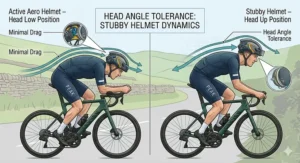A two-part illustration demonstrating the head angle tolerance of a stubby aero cycling helmet, showing minimal aerodynamic drag whether the rider is in a head-low or head-up position on a road bike.