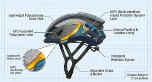 A detailed cross-section diagram of an aero cycling helmet showing the lightweight polycarbonate outer shell, multi-density EPS liner, and the internal yellow MIPS layer for rotational impact protection.