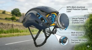 An exploded view diagram of an aero cycling helmet detailing the contoured CoolMax internal padding, the yellow MIPS layer, and the precision rear dial retention system.