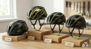 A high-detail close-up illustration of a premium MIPS-equipped aero road cycling helmet (black with yellow accents), showing translucent blue airflow lines illustrating optimised ventilation and low-drag efficiency.