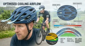A split-screen technical diagram comparing a ventilated climbing helmet with a sleek, black integrated aero road helmet, showing a scalp temperature gradient chart and air drag reduction analytics.