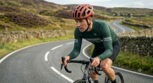 A split-screen illustration showing a cyclist using an aero road helmet in a UK time trial, alongside club riders wearing standard helmets on a weekend group ride.