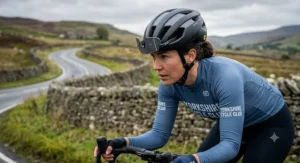 An infographic tracking aerodynamic airflow over a cyclist wearing an aero road helmet versus a standard road helmet, showing reduced drag coefficients.