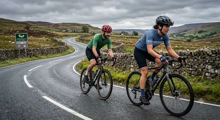 A side-by-side comparison of a streamlined aero road helmet and a standard well-ventilated road cycling helmet, highlighting the differences in shape and vents.