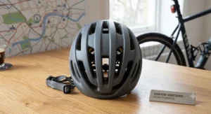 Top view of an aerodynamic road cycling helmet for commuting highlighting the large ventilation cooling channels.