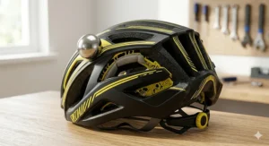 A lineup of four diverse MIPS road cycling helmets, including the specific model with yellow accents, displayed on textured cork risers on a workshop bench with GBP (£) price tags, offering a range from budget to premium.