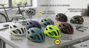 A display of a curated range of colour and style options for budget road cycling helmets, including a high-visibility safety option, all equipped with MIPS technology.