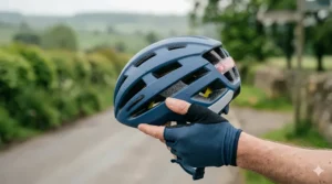 A hand in a blue cycling mitt holding a well-ventilated blue MIPS helmet on a damp, overcast day on a rural British road.