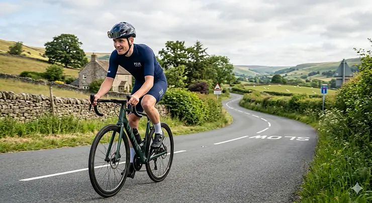 A road cyclist wearing a sleek navy blue kit and a matte aero cycling helmet with an integrated visor, riding on a winding asphalt road through the British countryside.
