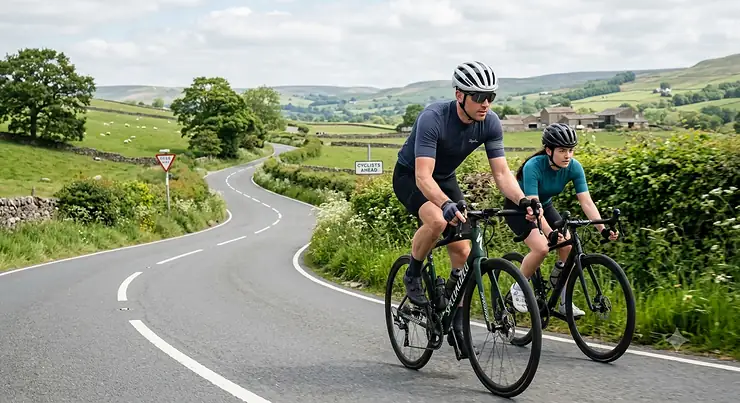 A cyclist riding a drop-handlebar road bike on a UK country lane wearing a modern budget road cycling helmet.