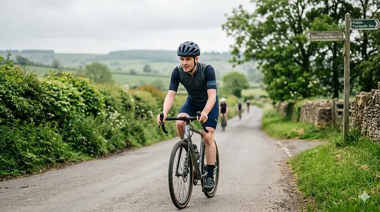 A British male cyclist wearing a matte blue MIPS helmet riding a gravel bike on a narrow country lane in the Cotswolds, with public footpath signposts and rolling green hills in the background. MIPS helmet under £150