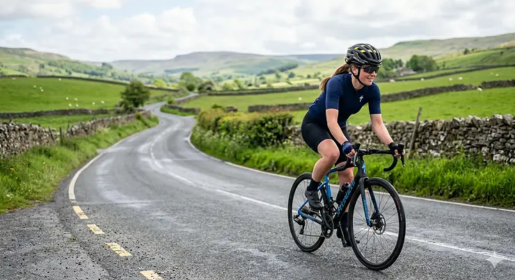 A cyclist riding a road bike on a winding Yorkshire country lane wearing the best MIPS road cycling helmet for safety and ventilation.