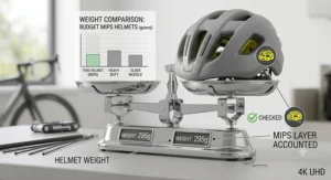 A photorealistic bar chart and balance scale comparing the weight in grams of a budget MIPS helmet against heavier and older models.