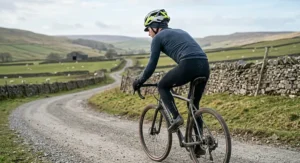 A road cyclist on a winter training ride wearing a budget road cycling helmet over a protective under-helmet winter skull cap.