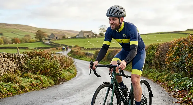 A cyclist wearing an affordable road cycling helmet with MIPS technology while riding on a scenic country lane in the UK.