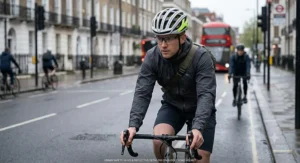 A commuter cycling on a British city road wearing a cheap road cycling helmet with integrated reflective detailing for safety.