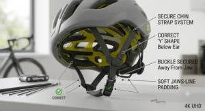A helmet fit guide demonstrating the correct Y-shape strap alignment below the ear, secure chin strap system, buckle placement, and jaw-line padding.