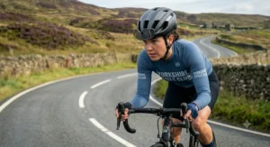 An illustration showing a road cyclist in a standard road helmet during a warm UK summer climb, contrasted alongside a cyclist in an aero helmet riding through autumn rain.
