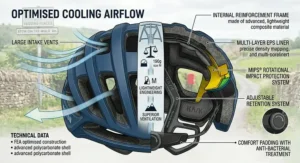 A comprehensive technical cross-section diagram of a premium road cycling helmet, labelling the internal reinforcement frame, multi-layer EPS liner, MIPS rotational impact protection system, and adjustable retention system.