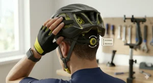 A dynamic 3/4 view of a cyclist on a damp British B-road, wearing the black MIPS helmet (yellow accents) integrated with a glowing high-visibility LED safety vest, showcasing safety features for UK roads.