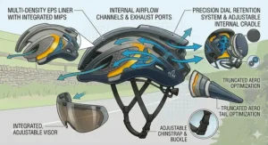 A comprehensive fitment graphic of an aero cycling helmet, detailing the internal ventilation channels, integrated MIPS liner, adjustable chin strap, and the precision dial retention cradle.