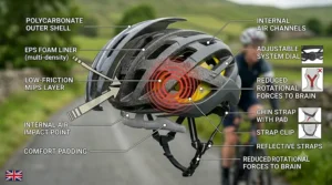 An anatomical helmet diagram showing fit adjustments, including the rear dial retention system and correct chin strap positioning.