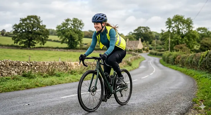 A cyclist wearing a high-vis jacket and a MIPS road bike helmet while riding along a British country lane, illustrating whether buying a MIPS helmet is worth it for UK cycling. MIPS helmet worth it cycling