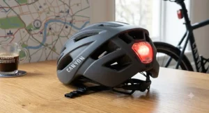 An lightweight road cycling helmet for commuting featuring integrated rechargeable LED rear safety lights.