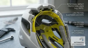 Close-up view of the yellow internal safety lining inside a lightweight road cycling helmet for impact protection.