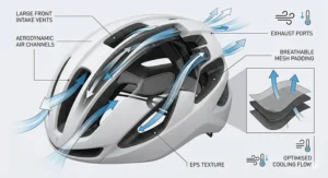 Diagram showing the aerodynamic airflow and cooling vents of a lightweight road cycling helmet.