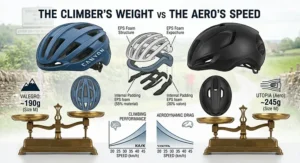 An infographic weight comparison titled 'The Climber's Weight vs The Aero's Speed' showing a Kask Valegro helmet at 190 grams on a brass balance scale next to a Canyon Utopia aero helmet at 245 grams.