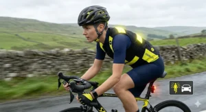 A laboratory-style technical illustration comparing the specific MIPS helmet (with its internal yellow layer and displacement arrows) alongside a standard cycling helmet, demonstrating how the technology reduces rotational impact forces during a crash.