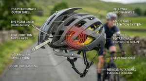 A technical diagram of a road bike helmet showcasing the low-friction MIPS layer designed to reduce rotational forces to the brain during an impact.