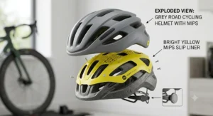 An exploded view diagram showing a grey road cycling helmet shell separated from its bright yellow MIPS low-friction slip liner and EPS foam liner.