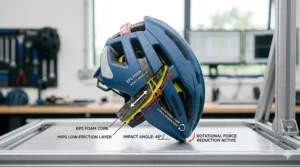 Side view diagram of a blue cycle helmet inside a British laboratory, illustrating active rotational force reduction and rotational impact dissipation at a 45-degree angle.