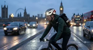 A commuter cyclist riding at dusk wearing a reflective road cycling helmet for commuting to improve winter visibility.