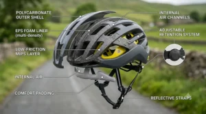 A detailed photorealistic breakdown of a road bike helmet, highlighting the polycarbonate outer shell, multi-density EPS foam liner, and MIPS layer.