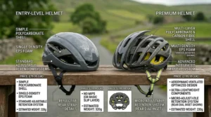 A price and feature comparison between an entry-level road bike helmet priced in pounds sterling and a premium carbon fibre model.