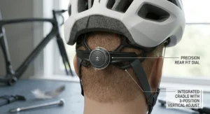 Close-up of the rear dial adjustment system on a lightweight road cycling helmet for a secure fit.