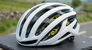 Top-down diagram detailing the cooling vents and aerodynamic airflow channels on a budget road cycling helmet.