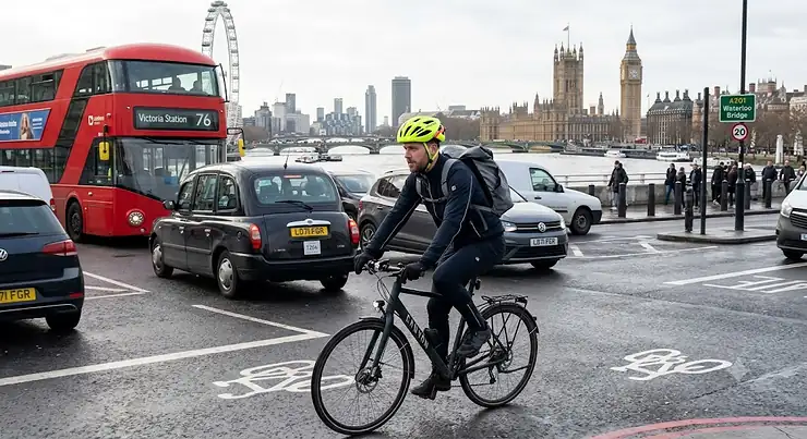 A cyclist navigating London traffic wearing a high-visibility road cycling helmet for commuting.