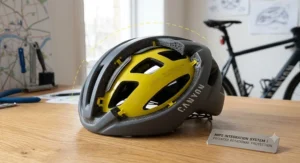 Close-up diagram of a premium road cycling helmet for commuting showing the internal MIPS yellow safety liner.