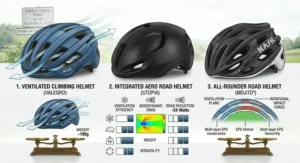 A product graphic comparing three helmet styles—a ventilated climbing helmet, an integrated aero helmet, and an all-rounder road helmet—evaluating their weight, versatility, and multi-layer EPS construction for UK sportives.