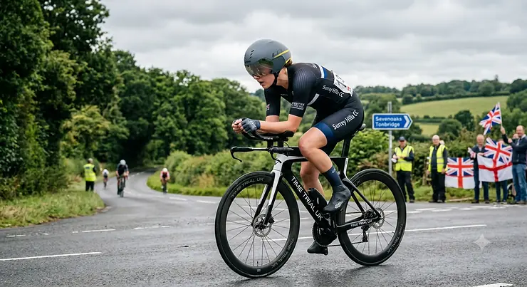 Cyclist in a competitive aerodynamic tuck position wearing a time trial aero helmet during a UK road race.