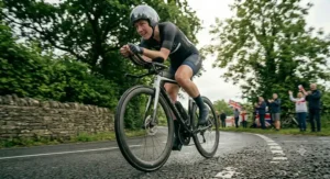 A British amateur cyclist adjusting their time trial aero helmet at the start line of a local afternoon club event.