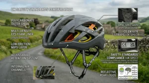 A technical graphic highlighting official UK safety compliance standards, including close-ups of the CE EN1078 and UKCA certification stickers inside a helmet.